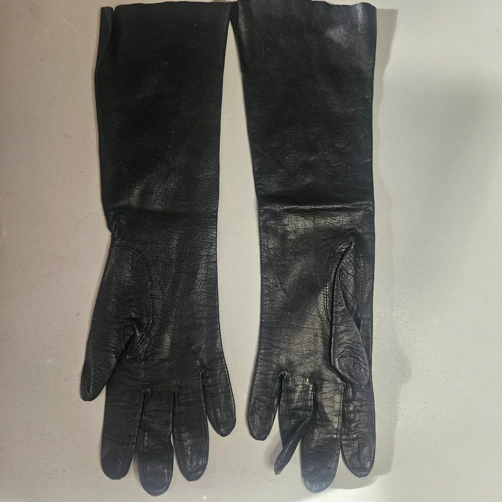Grandoe Vintage Black Leather Opera Length Evening Gloves Size‎ 6.5 Soapable 60s